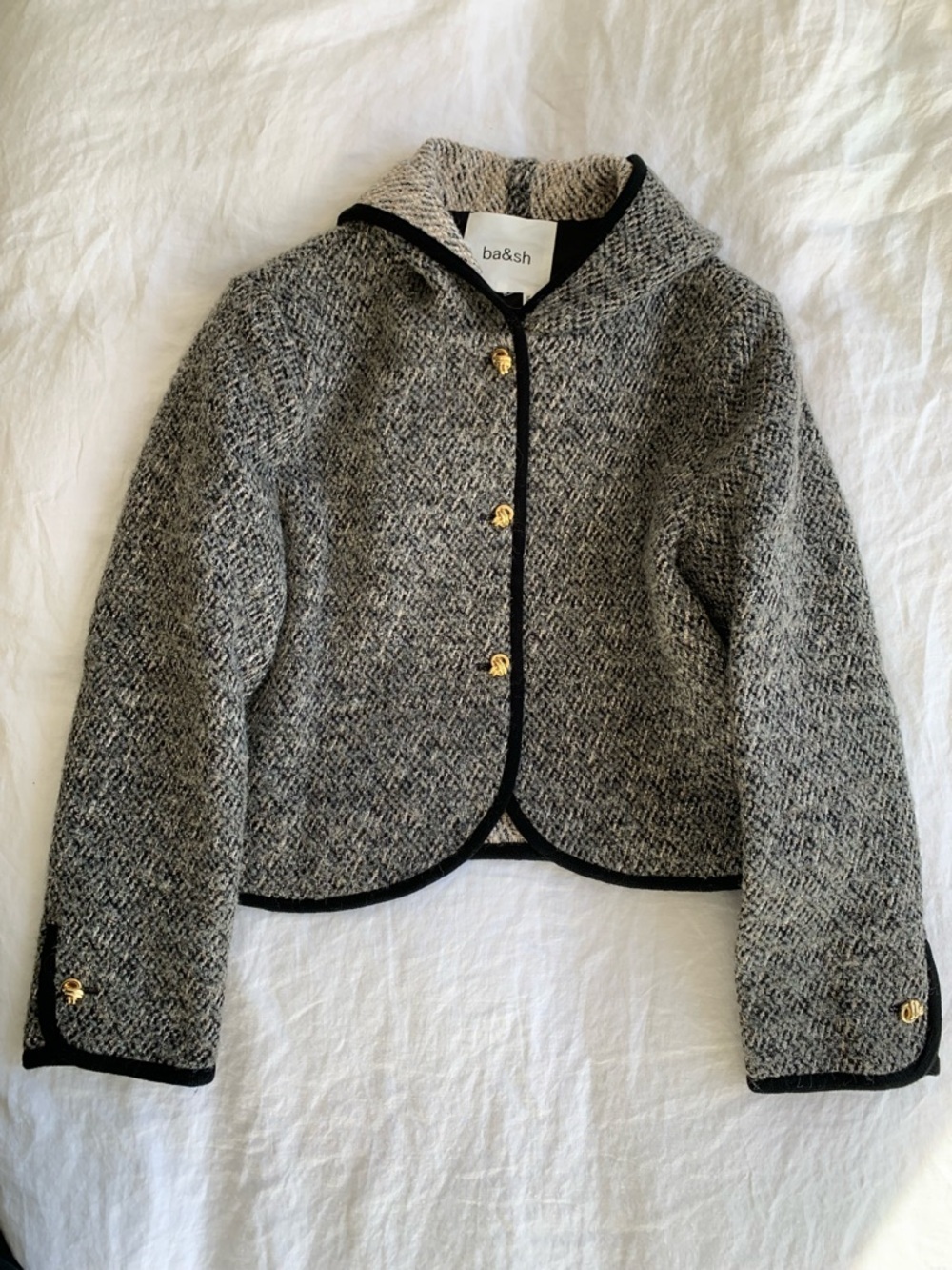 ba&sh Loctave Tweed Cotton Wool Button Trim Hood Jacket Coat Gris Black White - Picture 4 of 11